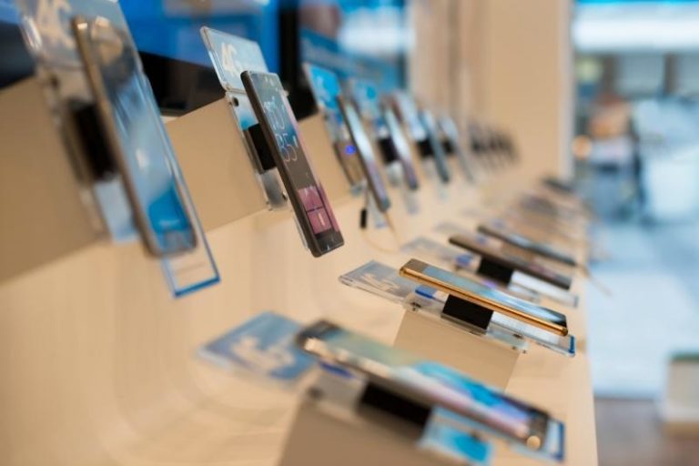 Showcase of Samsung electronics smartphones in shop