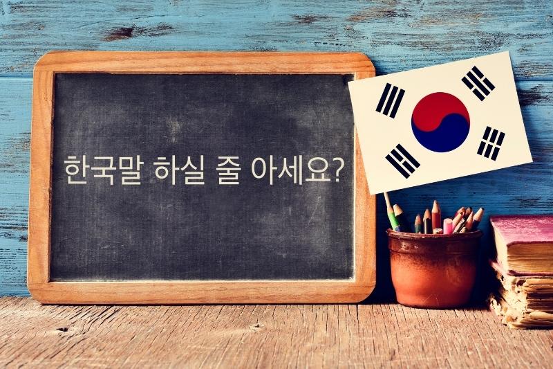 korean language written on blackboard with pencil and korean flag in jar next to it