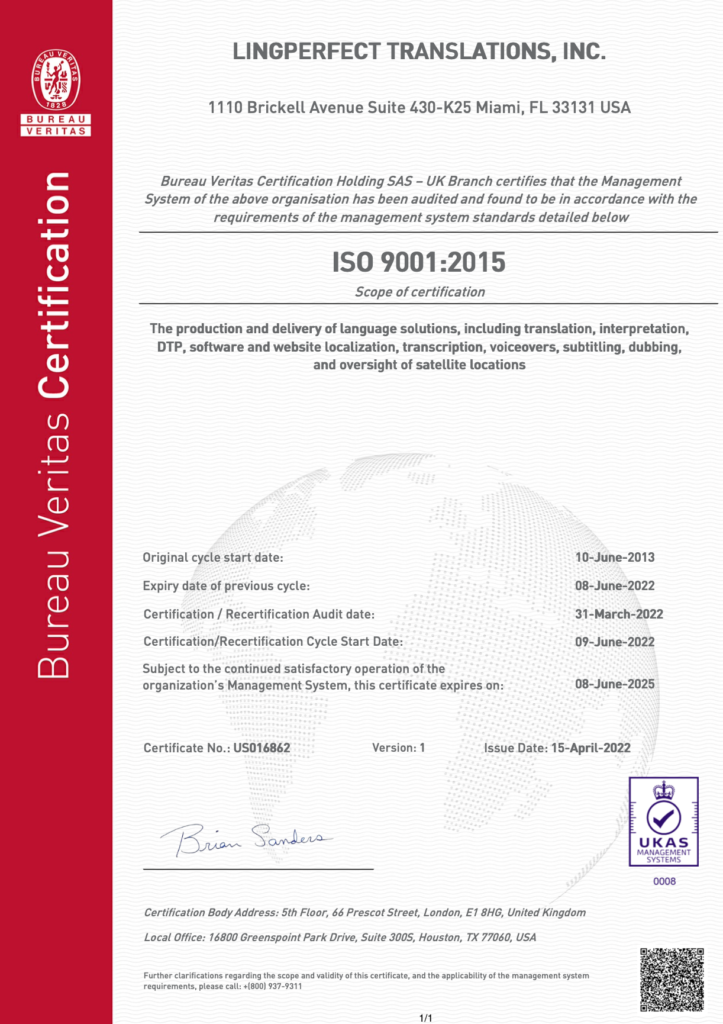 ISO 9001 2015 certification for LingPerfect Translations valid until year 2025