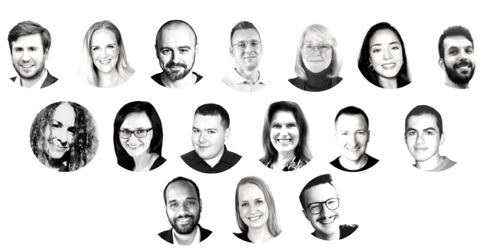 15 headshots in black and white of LingPerfect's key employees