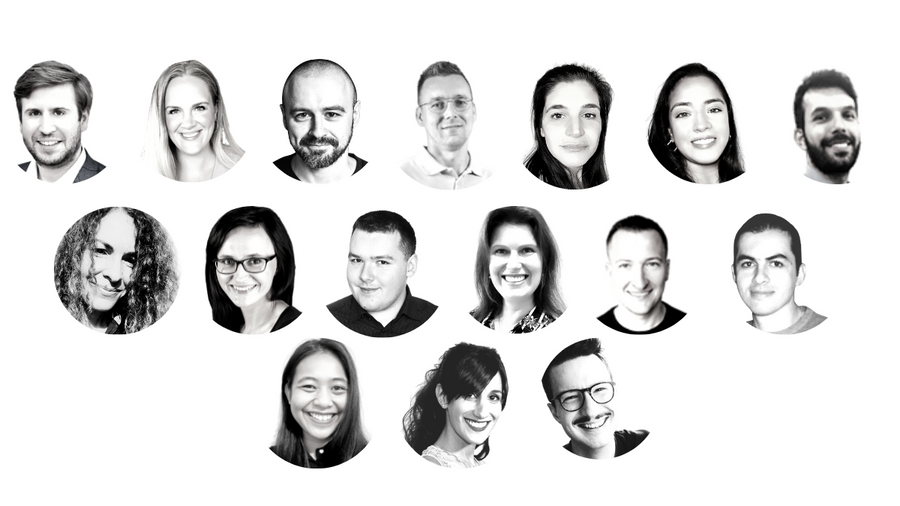 Black and white headshots of 16 LingPerfect Transcreation experts