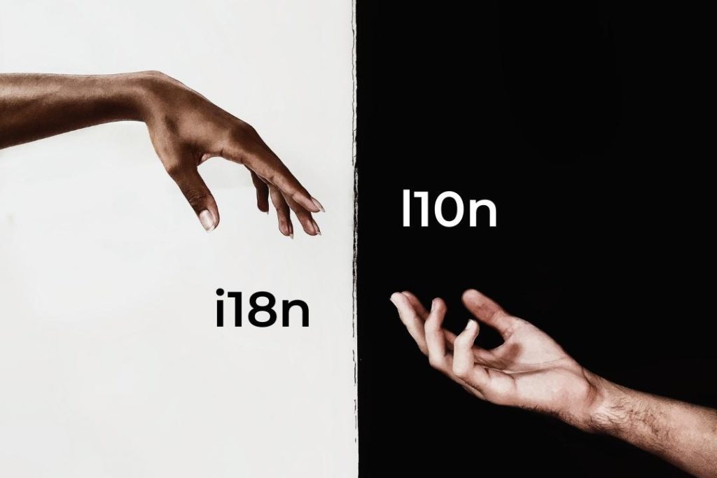 two hands almost touching against contrasting background with l10n and i18n written next to them