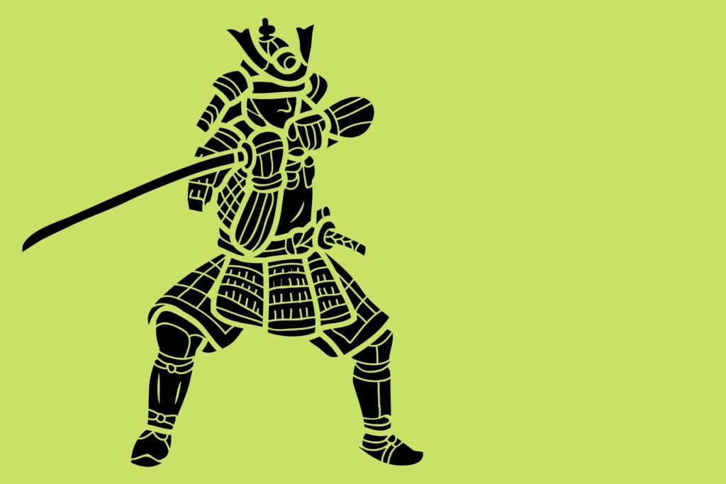 black illustration of japanese samurai against limegreen background