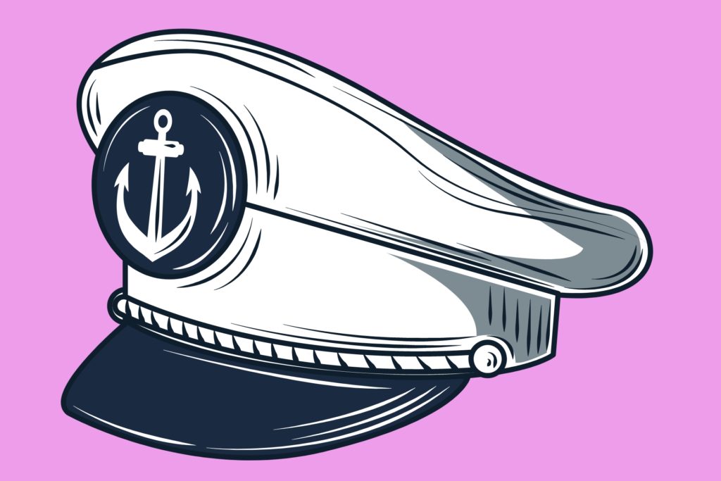 blue ink illustration of captain's hat against pink background