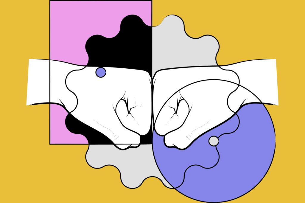 colorful illustration of two hands in fist coming together as sign of teamwork