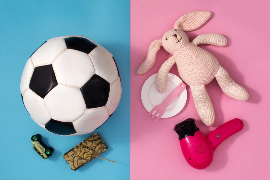 gender stereotype toys_ left side with soccer ball and truck toys against blue background, right side with bunny teddy bear, miniature plate and fork and fuchsia blowdryer against pink background