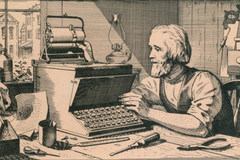 Christopher Latham Sholes litograph, who worked from 1867 to 1872 to build the first commercially successful typewriter based on a patent held by himself and James Densmore
