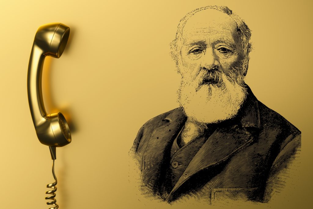 Etching graphic of Antonio Meucci with golden telephone handle against yellow background