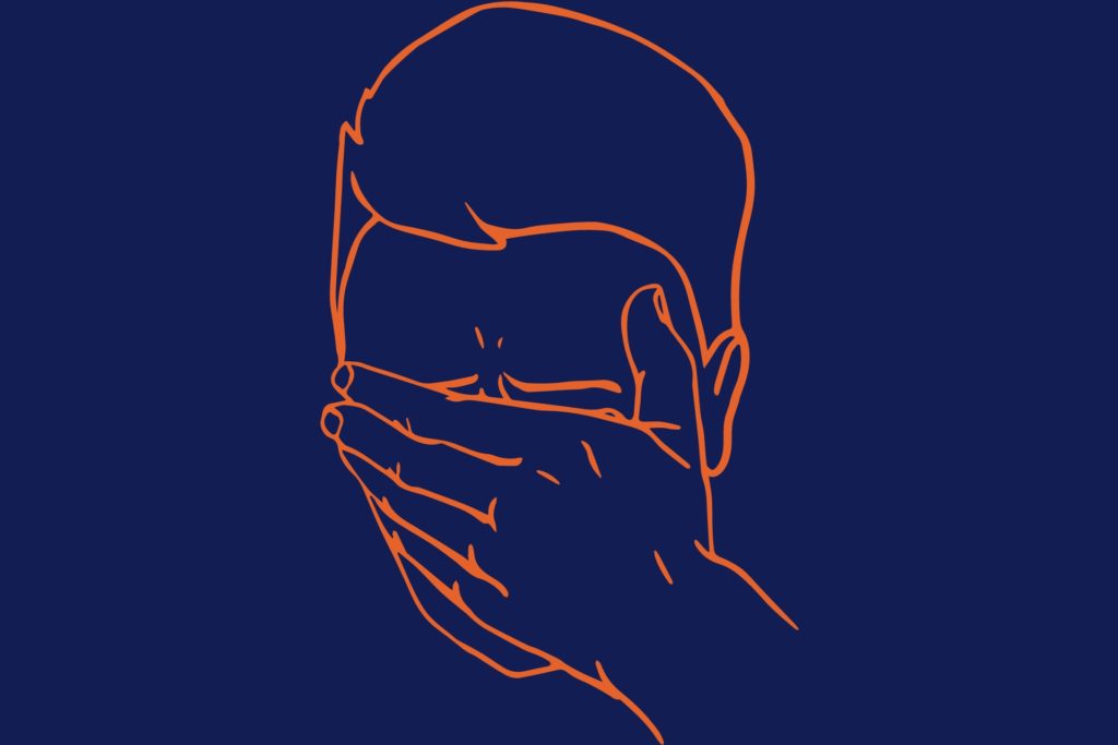 orange ink illustration of man holding his face with a palm against blue background